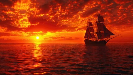Fototapeta premium Sailing ship against vivid sunset over ocean