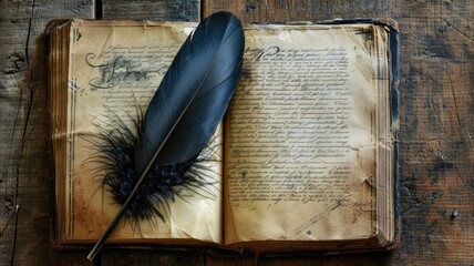 Open old book with handwritten text and black feather on wooden background