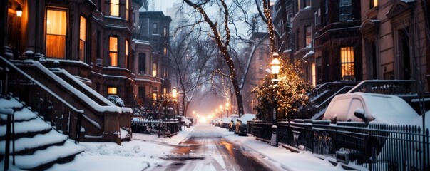 View of a city street covered with snow in winter