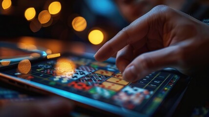 Close-up of hands playing board game on tablet at night with bokeh lights in background