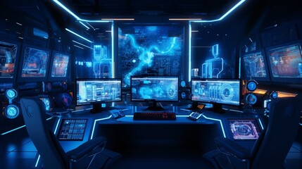 A high-tech command center with multiple monitors displaying real-time data, surrounded by futuristic gadgets and glowing blue accents. 