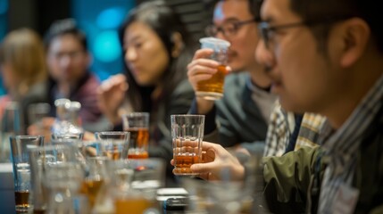 A group of workshop attendees engaging in a group activity where they have to guess the alcohol content in various drinks. - obrazy, fototapety, plakaty