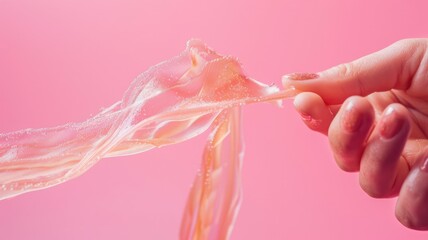 Close-up shot of fingers pulling sticky, translucent substance on pink background