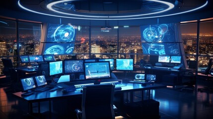 A high-tech command center with multiple monitors displaying real-time data, surrounded by...