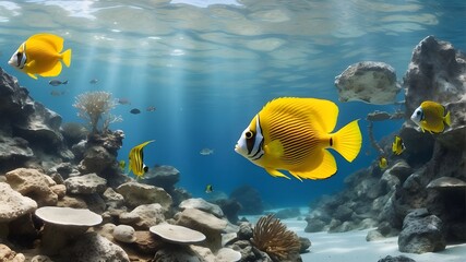 Obraz premium Underwater web banner with copy space, yellow tropical fish against a panoramic water background, and three-spot angelfish (Apolemichthys trimaculatus)Delphotostock