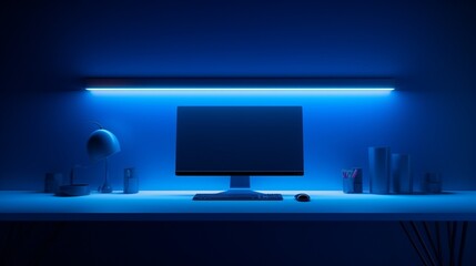 A minimalist desk adorned with a modern computer monitor and keyboard, illuminated by soft LED lights, creating a serene ambiance perfect for productivity. 