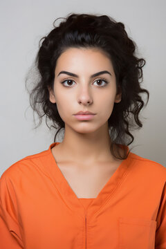 Prison mugshot of young Arab woman in orange jumpsuit