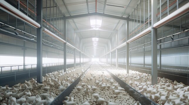 Modern and clean white feather broiler chicken cage, laying hen farming industry.
