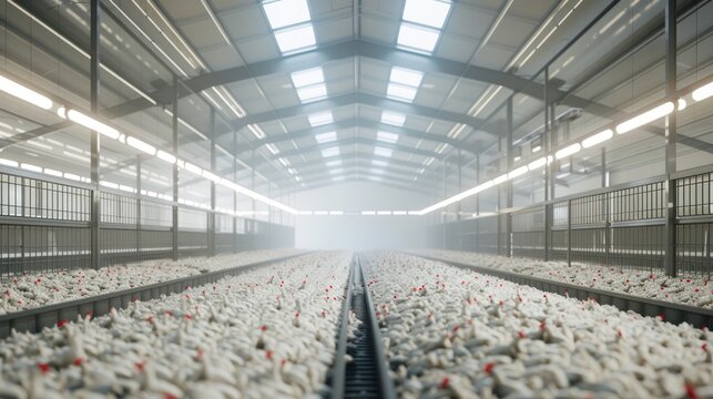 Modern and clean white feather broiler chicken cage, laying hen farming industry.