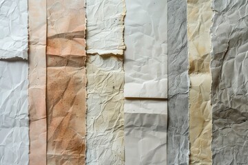 A series of crumpled paper with different colors and textures