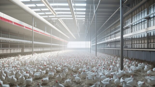 Modern and clean white feather broiler chicken cage, laying hen farming industry.
