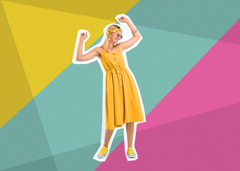 Pop art poster. Beautiful young woman dancing on bright background, pin up style
