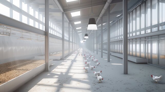 Modern and clean white feather broiler chicken cage, laying hen farming industry.