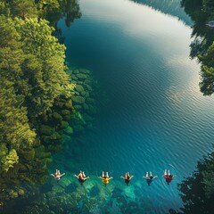 Craft an engaging long shot composition of a diverse group engaging in yoga by a tranquil lake, symbolizing inner peace and mindfulness as key elements in reducing stress