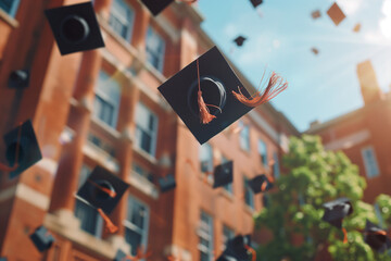 Hats of graduates thrown into the air of the university at the end of their degree, symbolizing the collective achievement of academic goals and the beginning of new career paths
