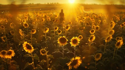 A field of sunflowers with a person walking among them, with the sun shining on the horizon generative ai