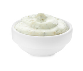 Tasty tartar sauce in bowl isolated on white