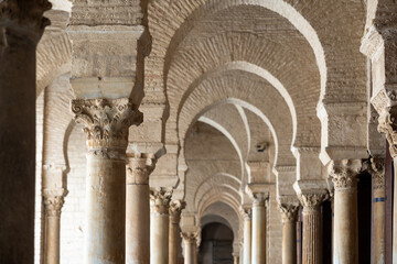 Columns at the ninth century Great Mosque in Kairouan Tunisia the oldest mosque in north Africa