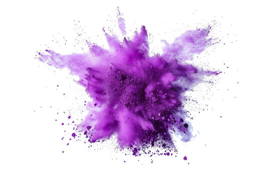 bright purple paint color powder festival explosion burst isolated white background.	