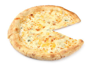 Delicious cut cheese pizza isolated on white