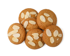 Cookies with fresh almond flakes isolated on white, top view