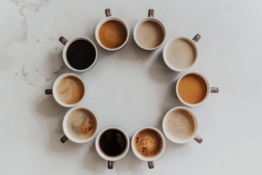 A top view of some coffee cups on a white background and they're in different types and colors.