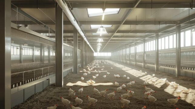 Modern and clean white feather broiler chicken cage, laying hen farming industry.