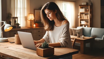 Serene Woman Engrossed in Work on Laptop at Cozy Home Setting