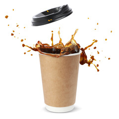Aromatic coffee splashing in takeaway paper cup and flying lid on white background - obrazy, fototapety, plakaty