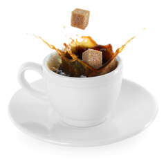 Coffee splashing in cup due to falling sugar cubes on white background - obrazy, fototapety, plakaty
