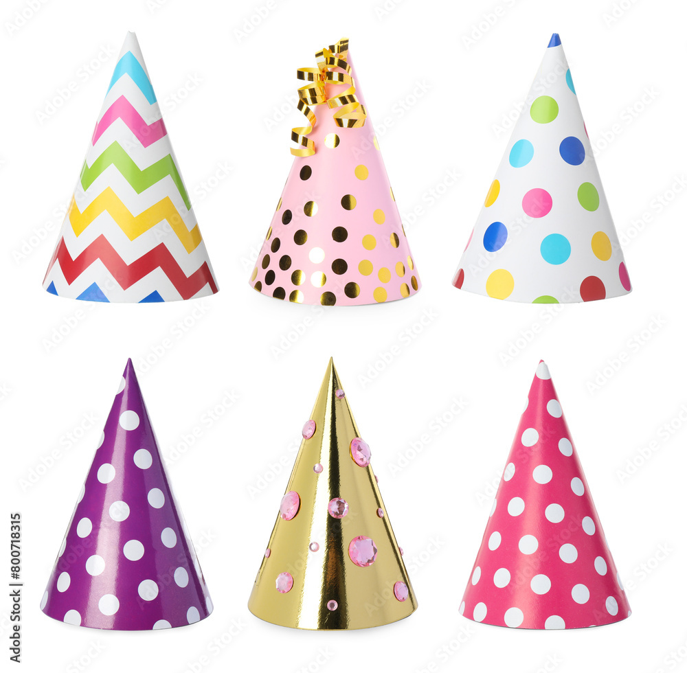 Poster Colorful party hats isolated on white, set