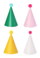 Colorful party hats isolated on white, set
