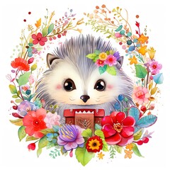Artistic rendering of a hedgehog surrounded by a halo of watercolor wildflowers