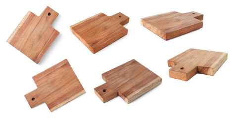 Wooden cutting board isolated on white, views from different angles