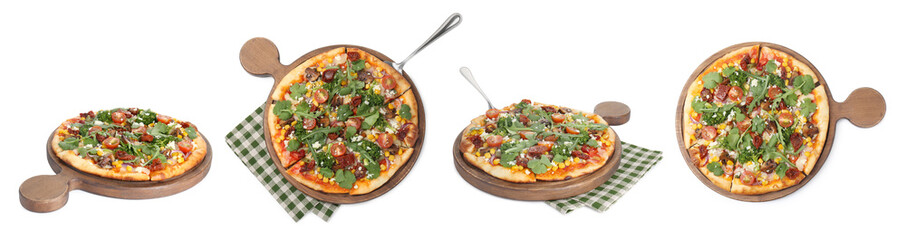 Delicious vegetarian pizza isolated on white, top and side views