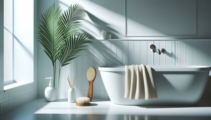A clean bathroom background with a green palm branch casting shadows, a terry cotton towel and a massage brush 