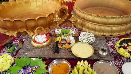 Mysuru, Karnataka, India-February 17 2024; A Beautiful Decoration for Haldi and Mehndi ritual during a Hindu wedding ceremony celebrated in India.

