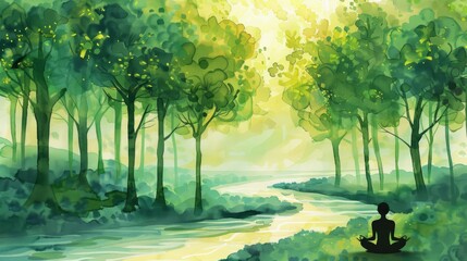 person meditating next to a winding river with tall trees generative ai