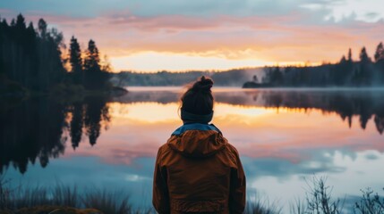 A person with their back turned looking out at a tranquil lake, with sunset reflections in the water generative ai