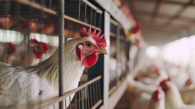 Close up view of white feather broiler chicken inside modern chicken farm cage.