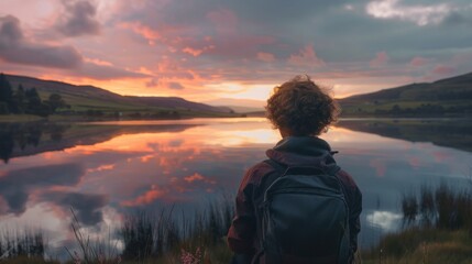 Fototapeta premium A person with their back turned looking out at a tranquil lake, with sunset reflections in the water generative ai