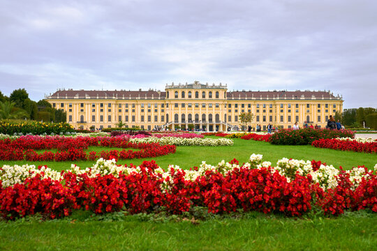 Vienna, Austria &ndash; September 25, 2023 Schoenbrunn Palace and Garden Flowers Vienna Austria. Tourists enjoy the flowers and gardens at the rear of Schonbrunn Palace. Vienna, Austria.

