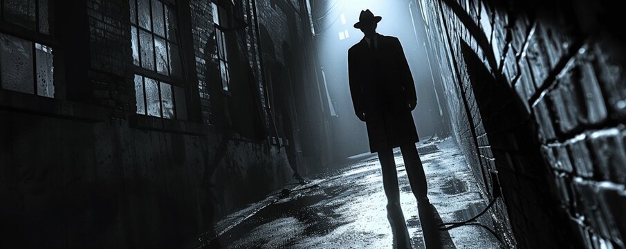 Bring the timeless allure of film noir to your modern movie poster Capture a high-angle shot showcasing the iconic shadows, mystery, and suspense of the genre in a contemporary scene