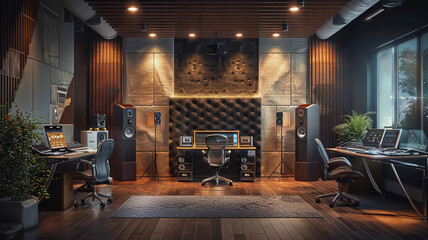 Podcast studio interior design for creating video, audio content for social media as interview, blog