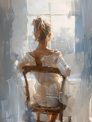 Abstract Oil painting features a beautiful woman lady sitting on the chair looking out wall art, moody vintage farmhouse style digital art print, wallpaper, background