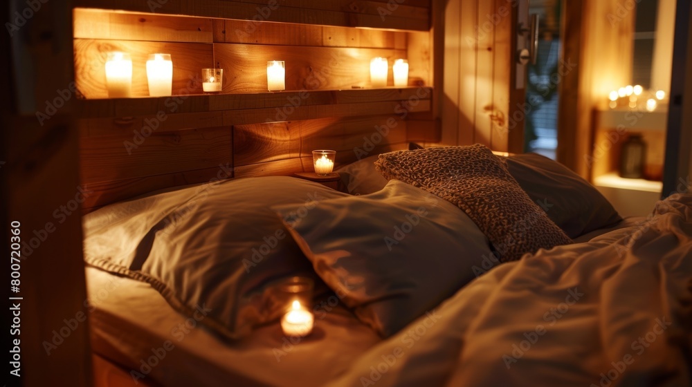 Wall mural A cozy bedroom is lit by alcoves in the wooden headboard each housing a small candle that adds a touch of romance to the space. 2d flat cartoon.