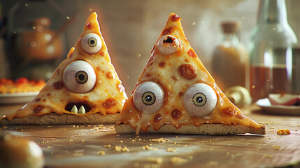 Collection of 3d slice of pizza with googly eyes, one terrified of being eaten and the other ecstatic