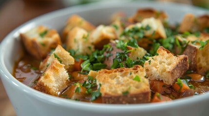 Fototapeta premium A bowl of hearty vegetable soup topped with crunchy croutons and fresh herbs serves as the main course.