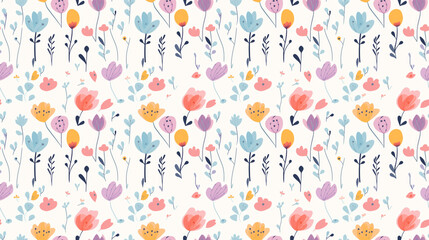 A seamless pattern of colorful flowers and leaves on a white background.