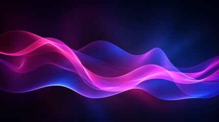 Naklejka premium Dynamic purple and pink neon waves on a dark background, ideal for vibrant nightlife or music festival posters,